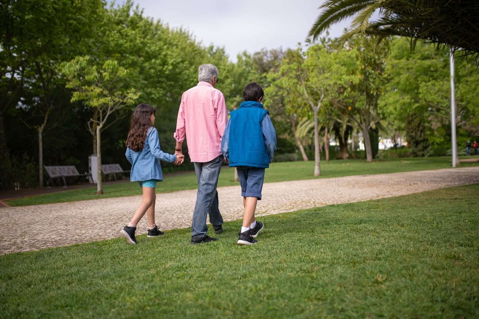 Avô caminhando de mãos dadas com os dois netos num parque gramado, visto de costas